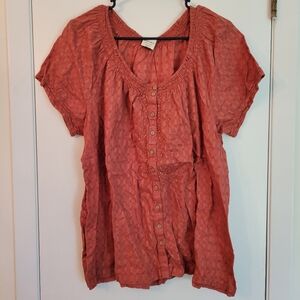 XL Sonoma Orange Relaxed Short Sleeve Lightweight Buttoned Wide Neck Blouse